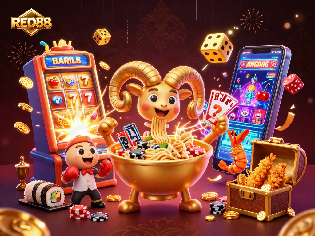 Engage in thrilling gameplay at RED88 with a vibrant illustration showcasing a winning casino atmosphere.