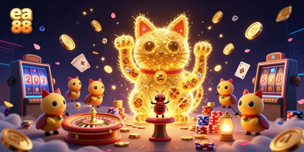 Engage with the vibrant world of ea 88, showcasing a lucky cat and casino symbols amidst cascading gold coins.