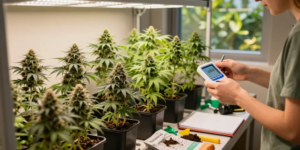 Dynamic indoor scene showcasing autoflower cannabis seeds with vibrant plants and a grower monitoring growth.