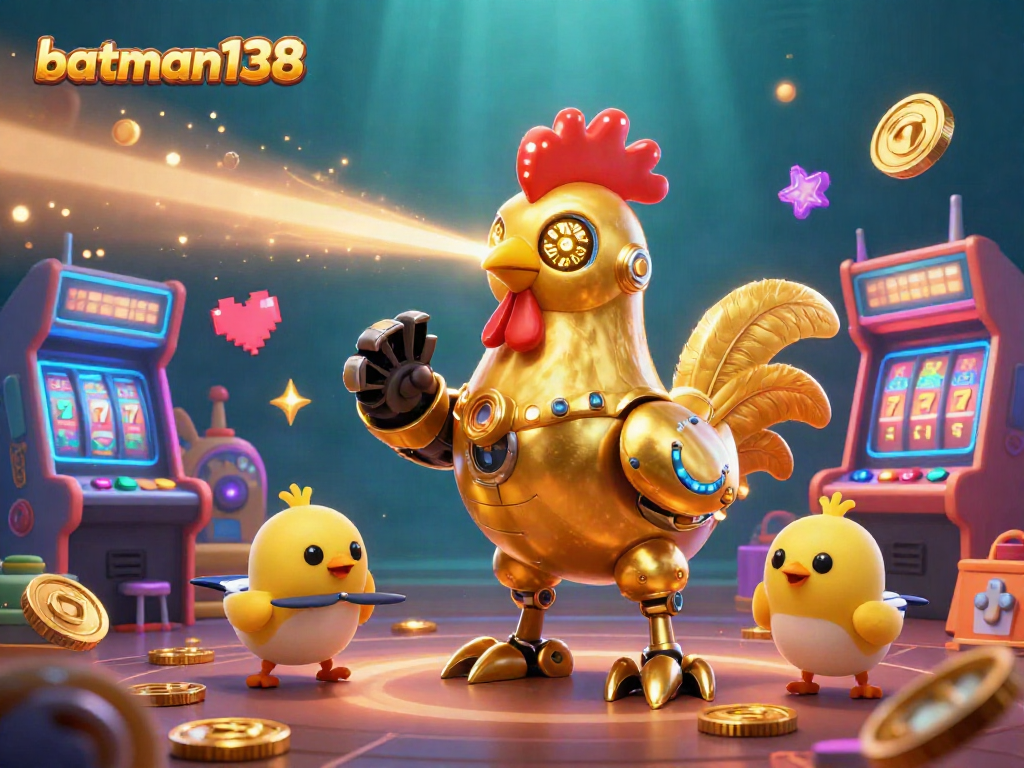 Experience the thrills at batman138, featuring a golden rooster robot with engaging gambling elements in a colorful casino scene.