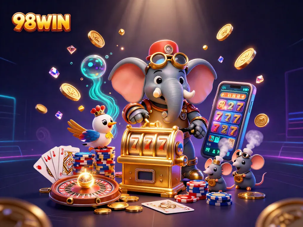 Win big with 98WIN at the vibrant steampunk casino, featuring exciting slot machines and dynamic game elements!