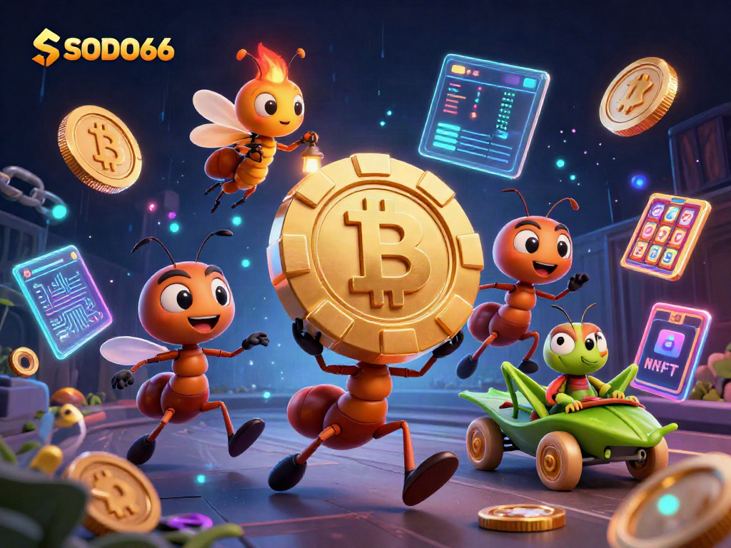 SODO66 showcases a thrilling heist scene with ants carrying a poker chip amidst glowing digital elements.