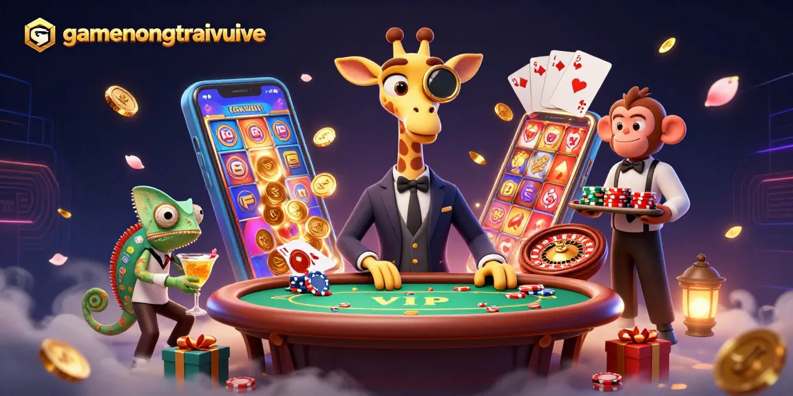 Engage in exhilarating gaming with gamenongtraivuive featuring a giraffe high-roller and casino elements.