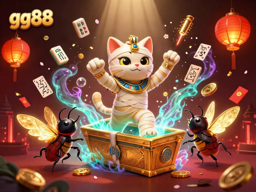 Experience the thrill of gg88 as the Egyptian mummy cat reveals treasures in a vibrant casino setting.