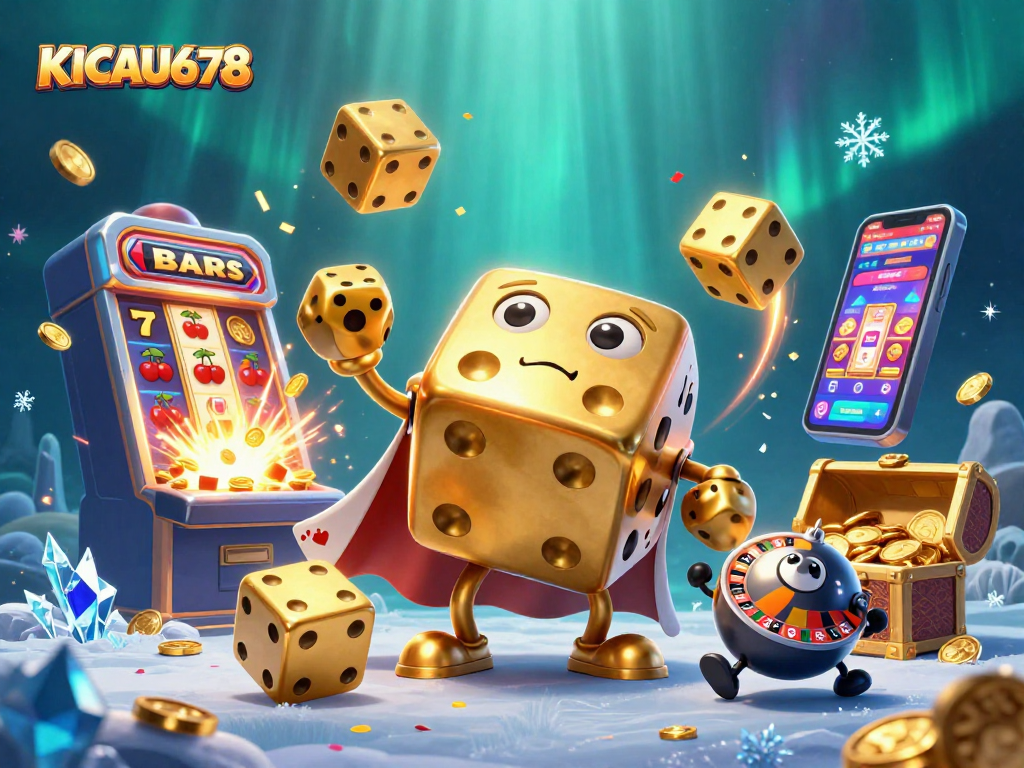 KICAU678 inspires excitement with a vibrant illustration of a golden dice golem and dynamic slots.