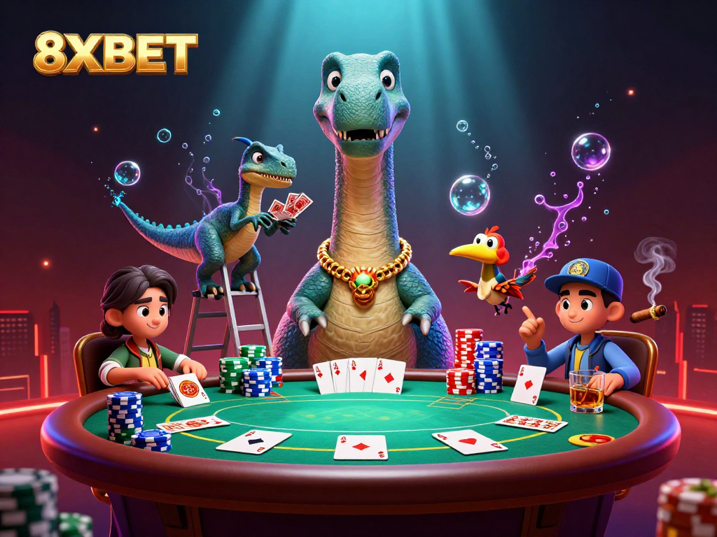 8XBET offers an exciting poker experience where giant characters engage in high-stakes play.