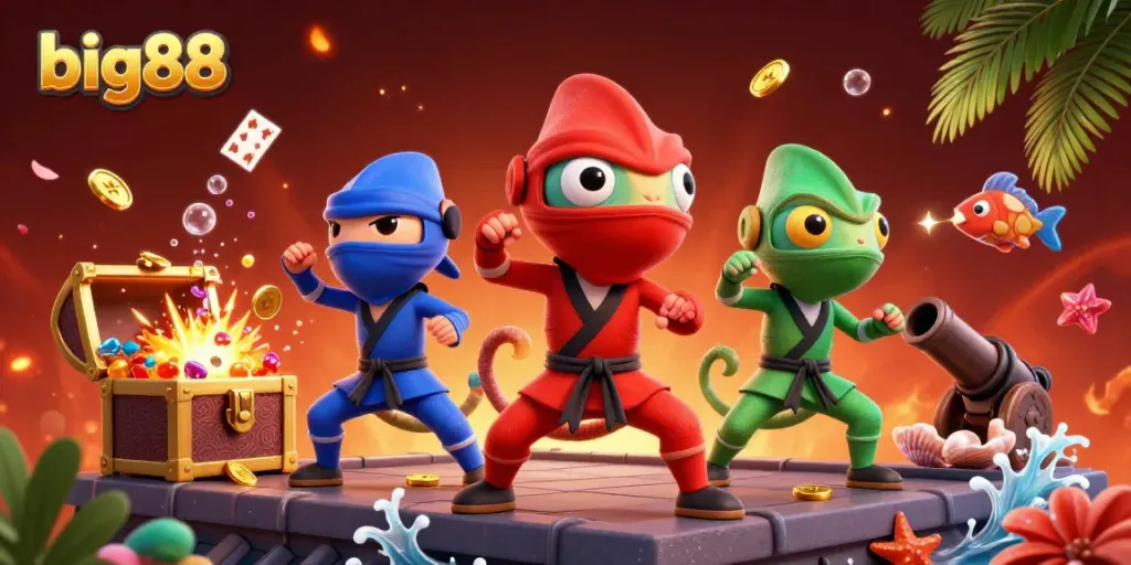 Engage with the dynamic big88 experience featuring ninja chameleons and vibrant casino elements.