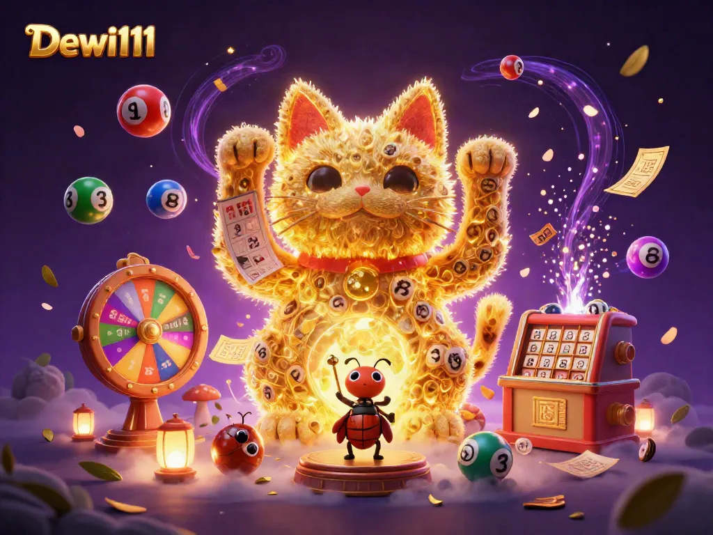Gambaran DEWI111 yang menggambarkan kucing keberuntungan dengan elemen kasino energik dan warna cerah.