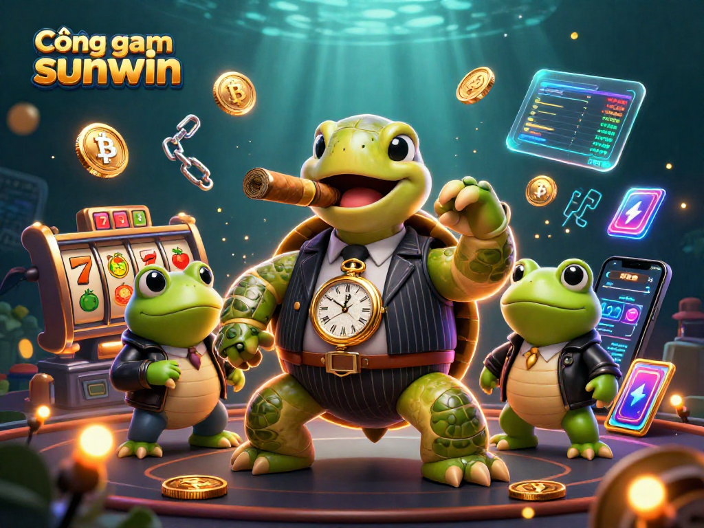 Cổng game sunwin features a lively scene with a snapping turtle mobster and bullfrogs, showcasing vibrant slot machines and crypto elements.