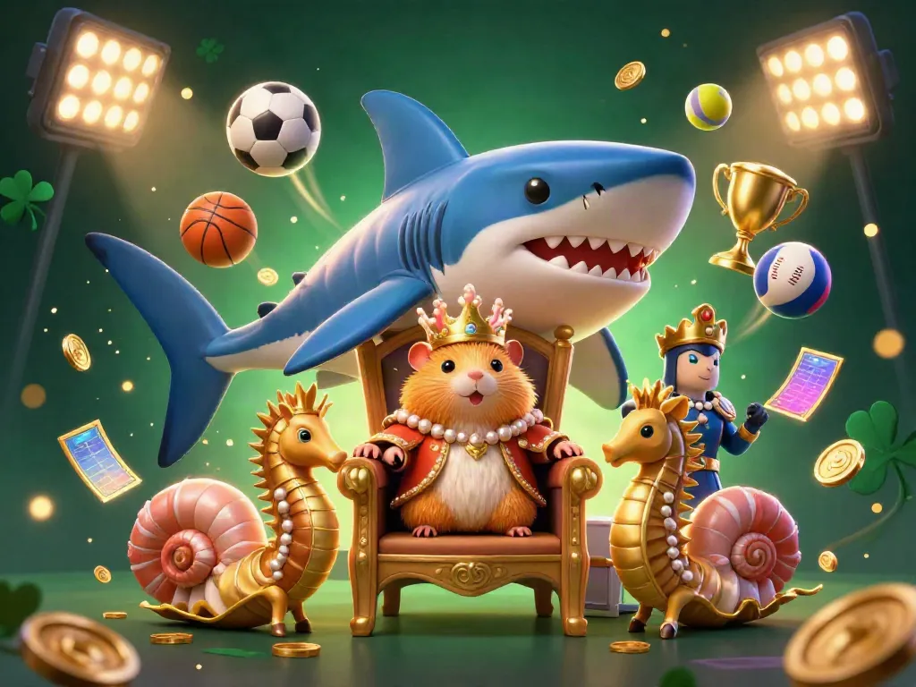 Experience the excitement of ml88 with dynamic sports elements surrounding the hamster king and aquatic guards.