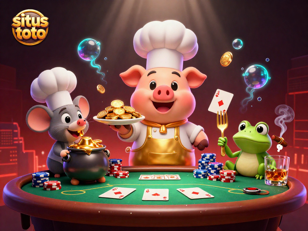 Ilustrasi 3D situs toto dengan karakter memainkan poker dan emas.