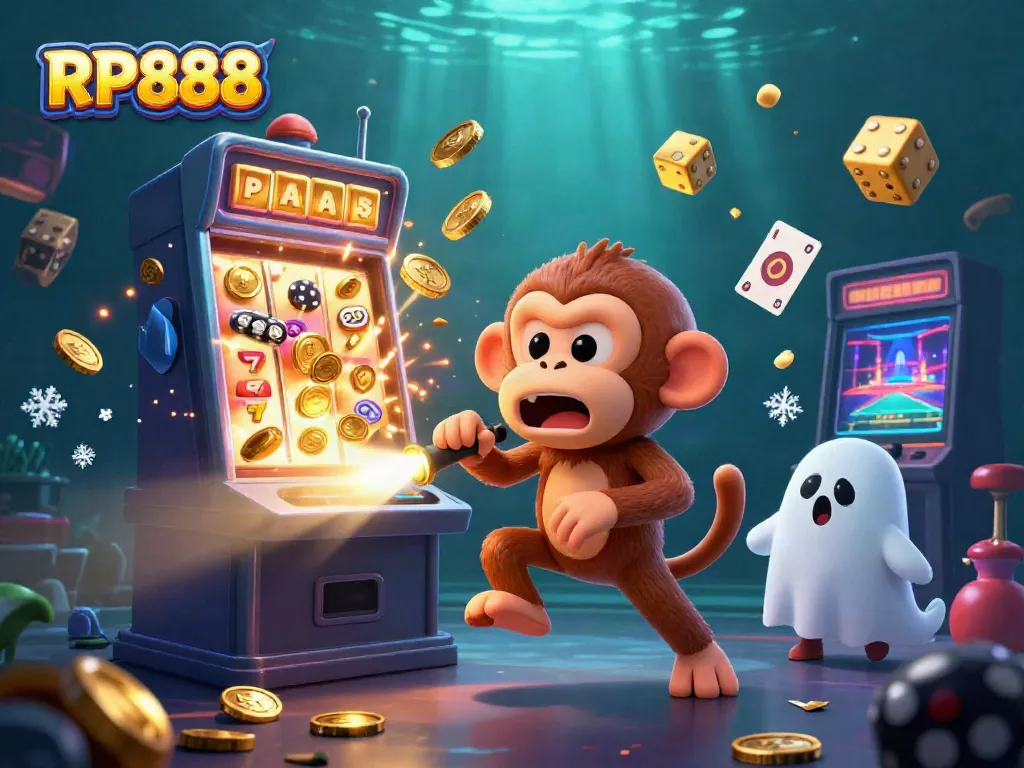 Experience the dazzling casino excitement with RP888 as golden coins and symbols burst from a slot machine.