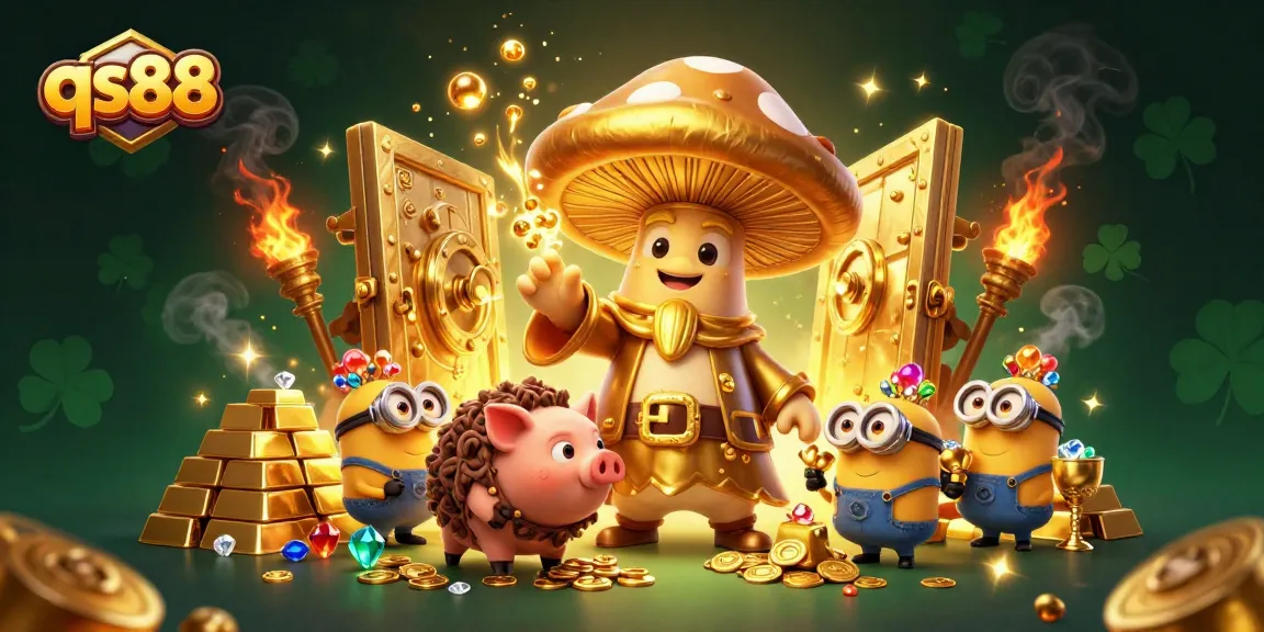 Experience the magic of qs88 with a golden wizard and treasure in this vibrant casino illustration.