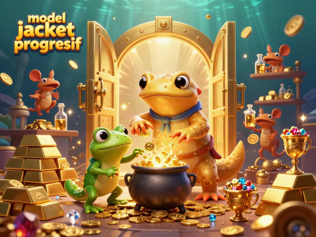 Ilustrasi 3D model jackpot progresif dengan salamander emas, penemuan emas, dan banyak koin serta permata berkilau.
