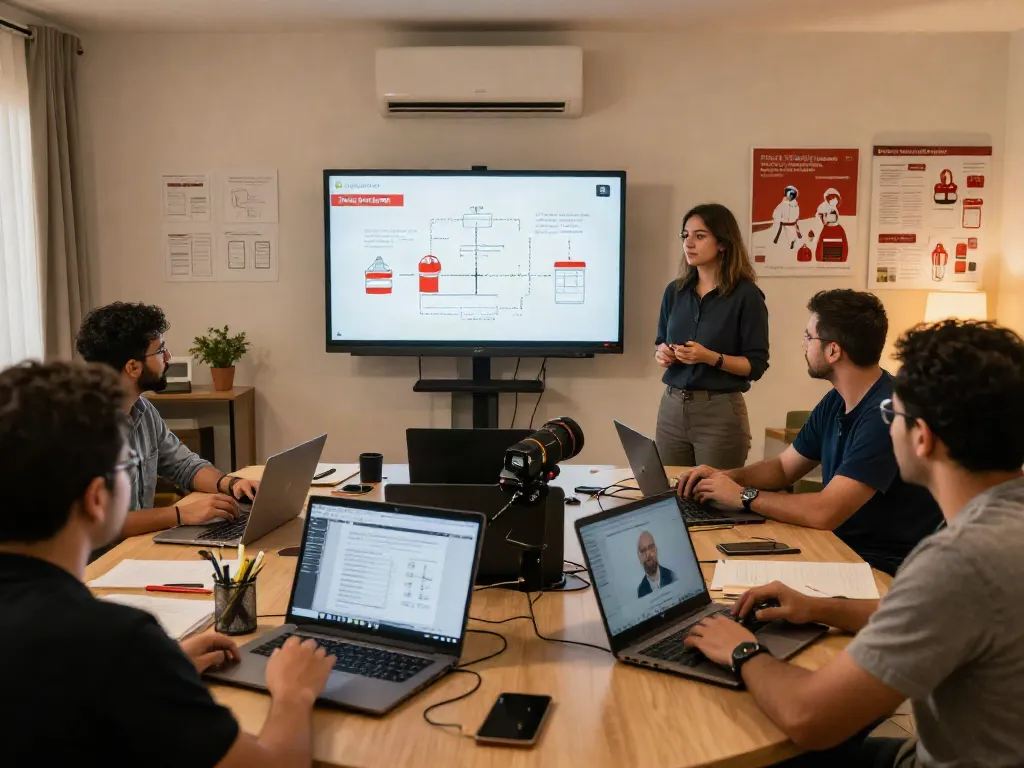Engaged professionals in online CFPS Certification Saudi Arabia training session, discussing fire safety standards and concepts.