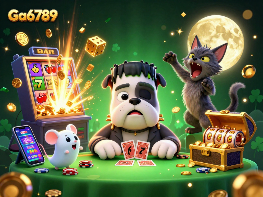 Play with Ga6789 as a spooky Frankenstein bulldog deals cards at a vibrant casino table.