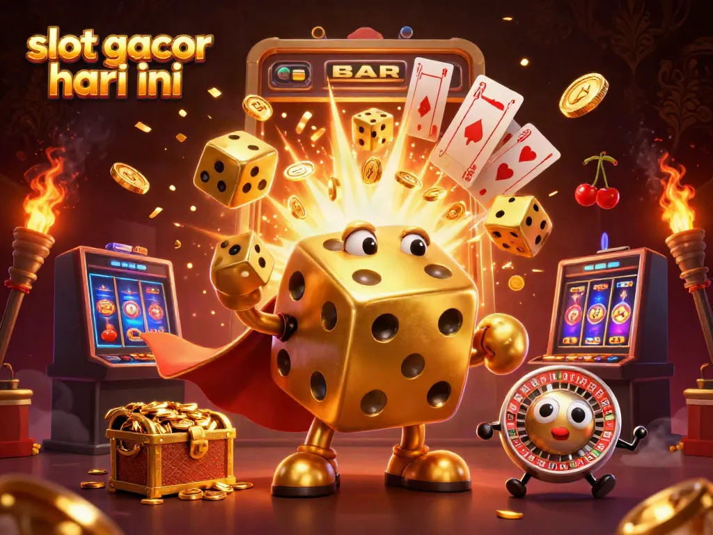 Slot gacor hari ini dengan ilustrasi kartun 3D dadu emas dan mesin slot yang mengeluarkan koin jackpot.