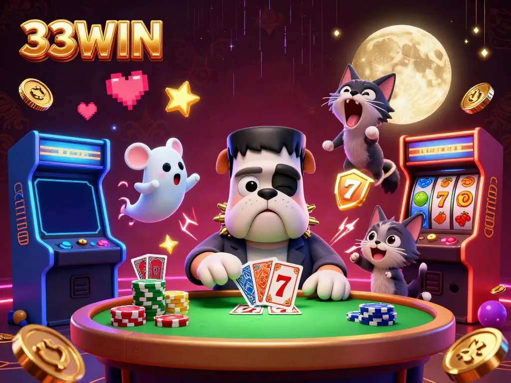 Experience thrilling slots with 33WIN in a vibrant 3D casino scene filled with fun characters and colorful elements.
