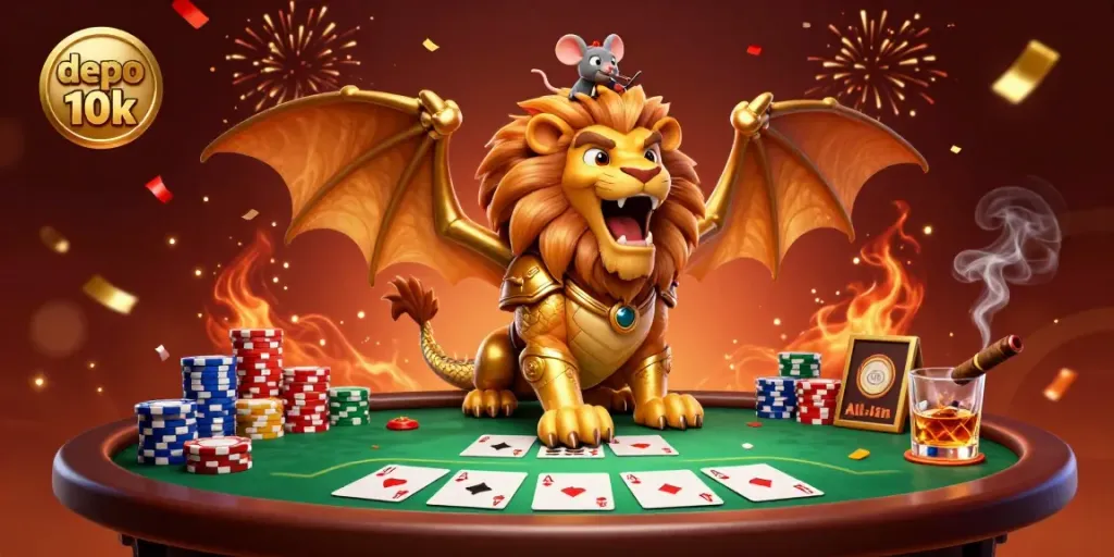 Ilustrasi 3D menarik dengan karakter chimera dan mouse joki dalam suasana kasino, tema depo 10k.