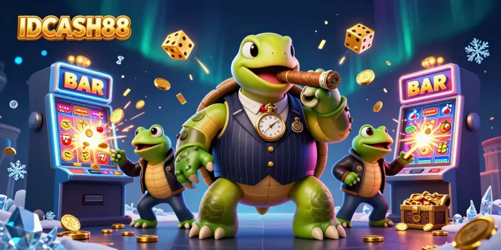 Experience thrilling action with IDCASH88's vibrant casino scene featuring a mobster turtle and joyful gameplay.