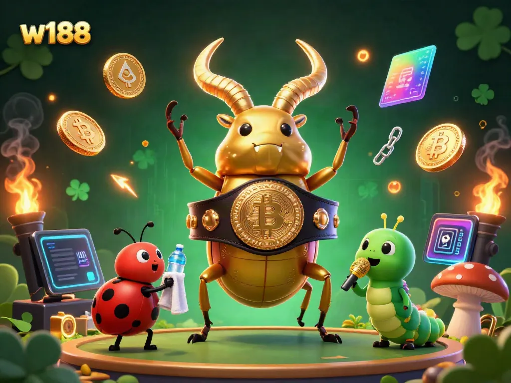 Experience dynamic action at w188 with vibrant 3D casino characters and neon cryptocurrency elements.