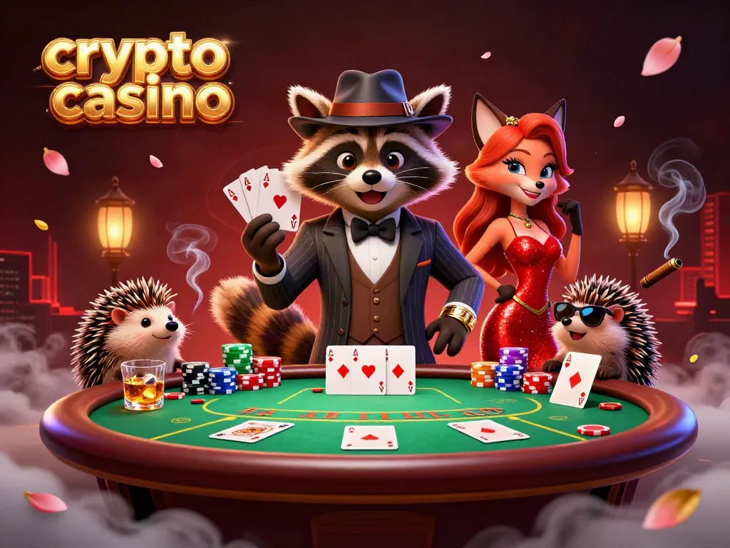 Experience the excitement of a crypto casino with vibrant characters and dynamic poker action.