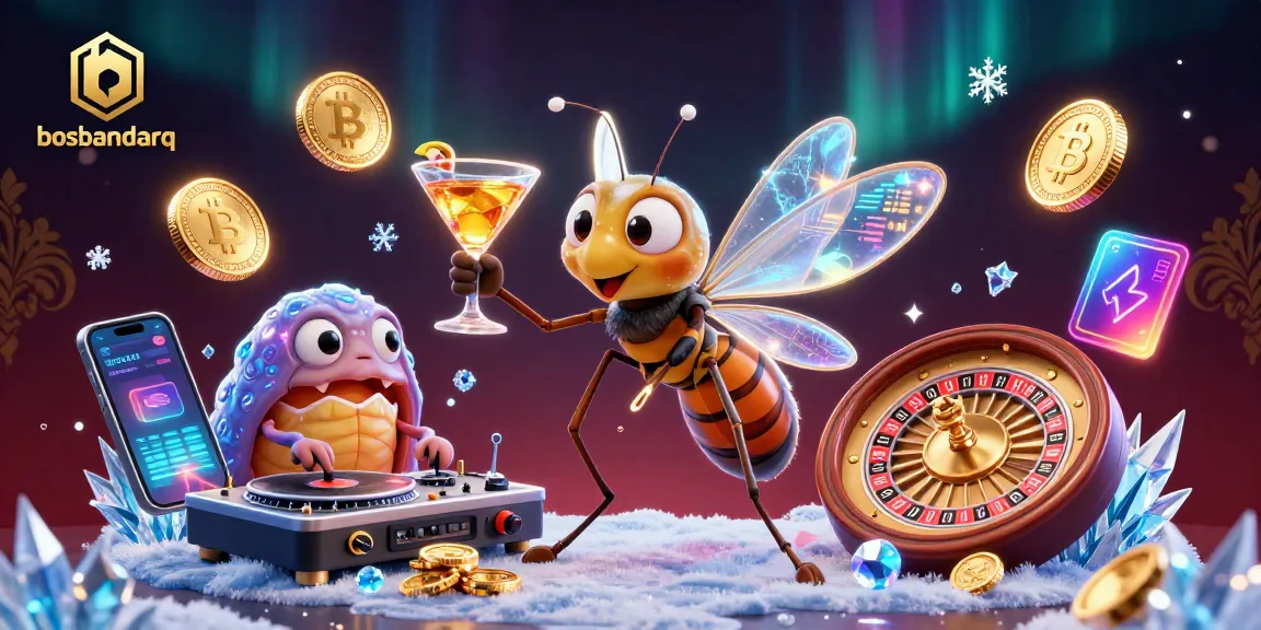 Engage with bosbandarq's thrilling casino experience featuring unique elements like Bitcoin, roulette wheels, and dazzling characters.