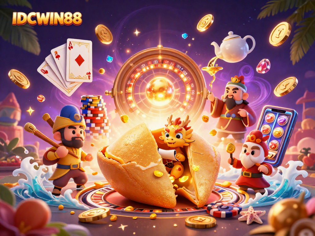 IDCWIN88 showcases a vibrant 3D casino scene featuring a golden fortune cookie and a wise dragon amidst dynamic casino elements.