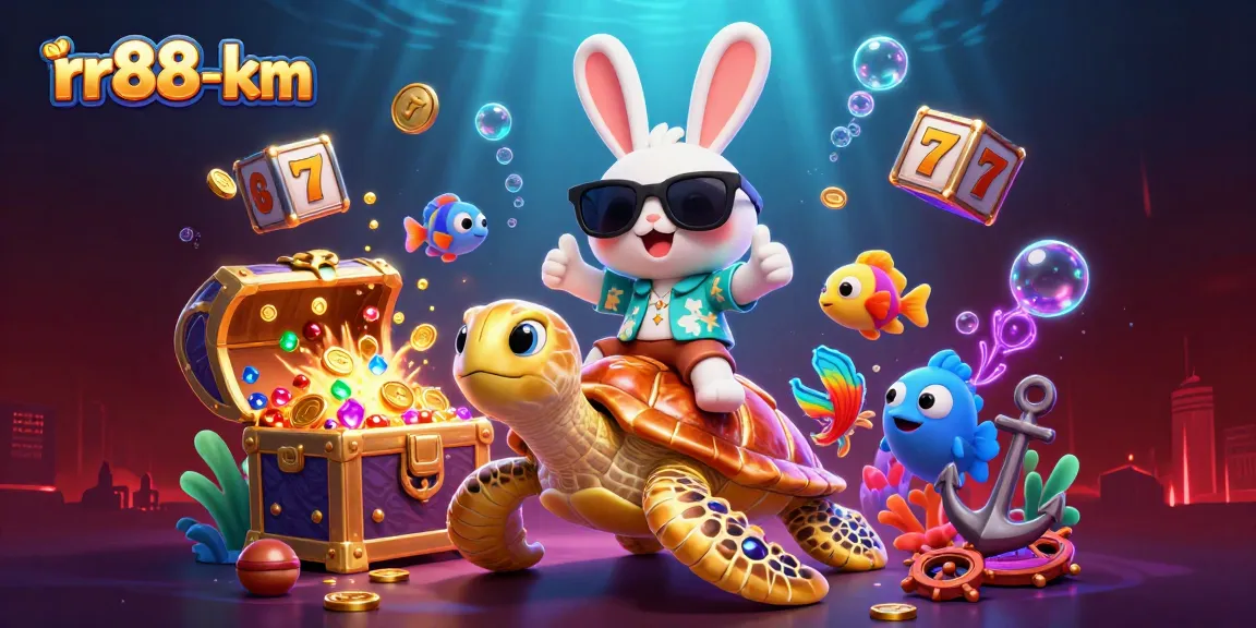 Experience entertainment at rr88-km with a lucky rabbit and sea turtle in a vibrant casino-themed scene.