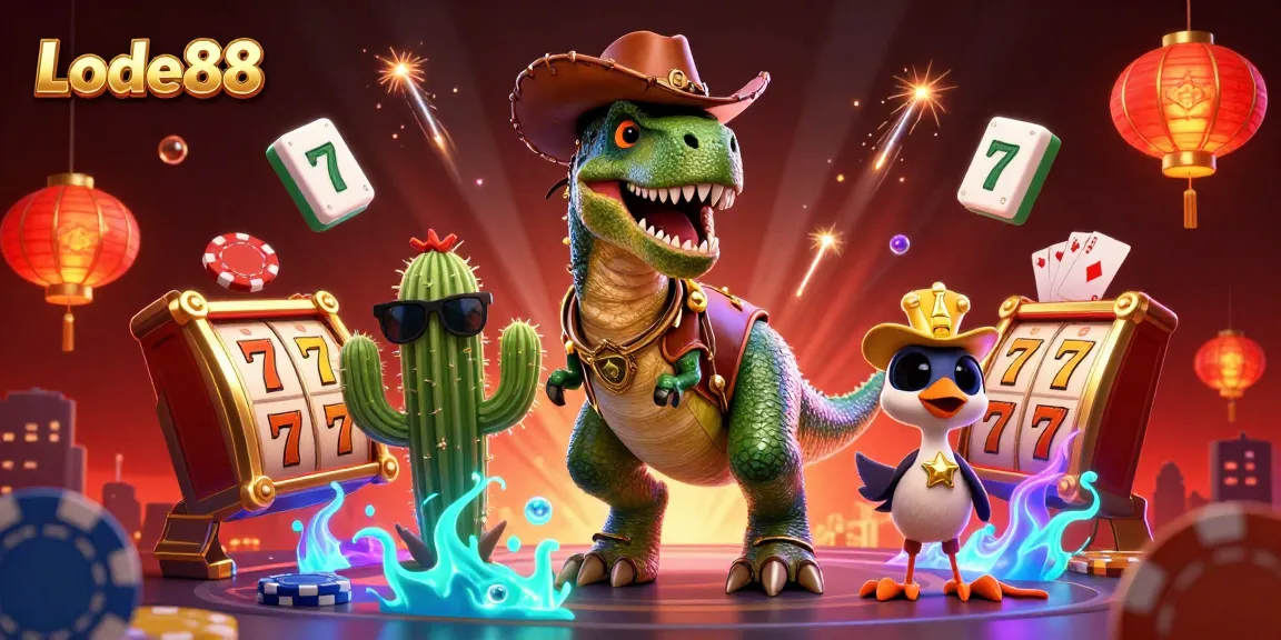 Experience thrilling gameplay at Lode88, featuring a cartoon dinosaur amidst vibrant casino elements.