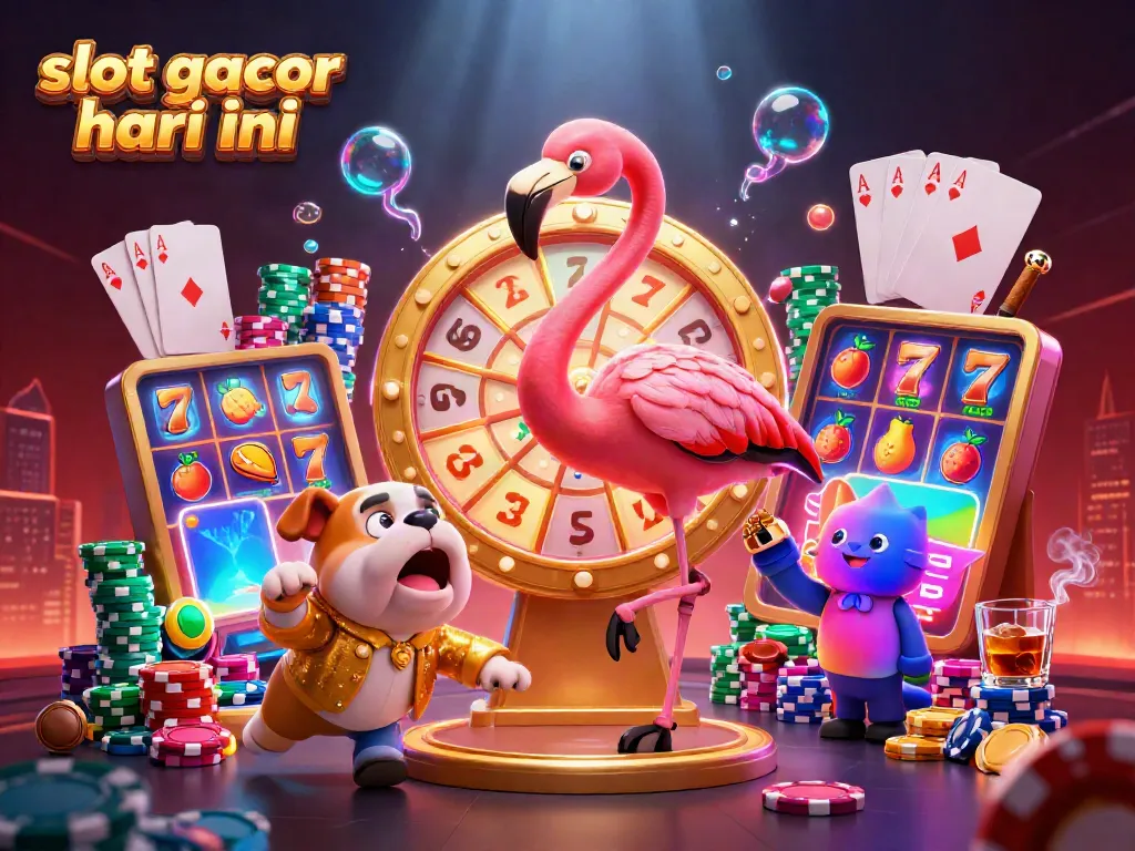 Menciptakan slot gacor hari ini, ilustrasi 3D karakter karnaval bersenang-senang di kasino dengan jackpot berkilauan.