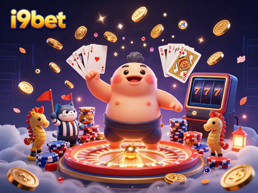 Experience vibrant casino action with i9bet featuring a fugu wearing sumo attire, surrounded by dynamic game elements.