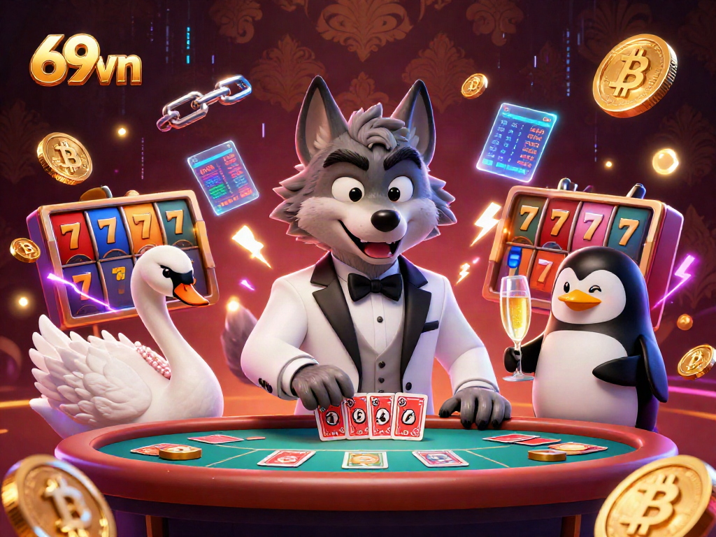 Engage with 69vn as a debonair wolf and friends celebrate at a baccarat table, illuminated by neon lights.