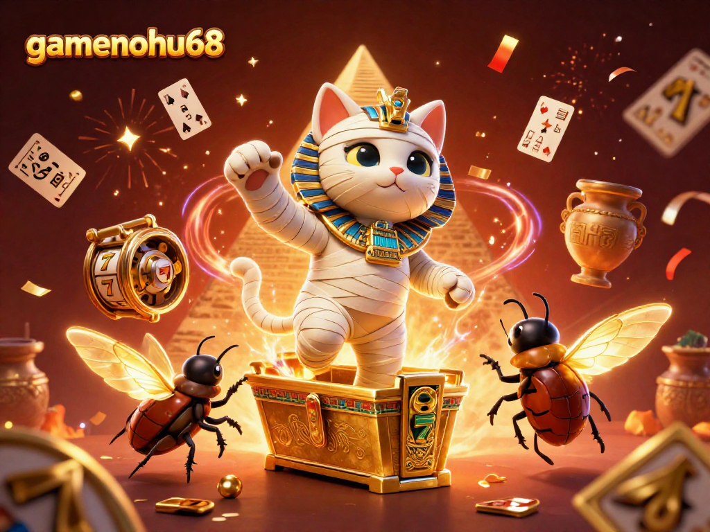 Experience thrilling adventures with gamenohu68 in a vibrant casino scene filled with dynamic slot reels and celebratory elements
