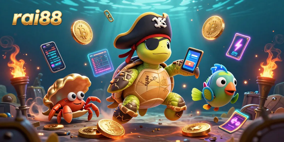 Engage with rai88's vibrant underwater casino adventure featuring a pirate turtle and treasure