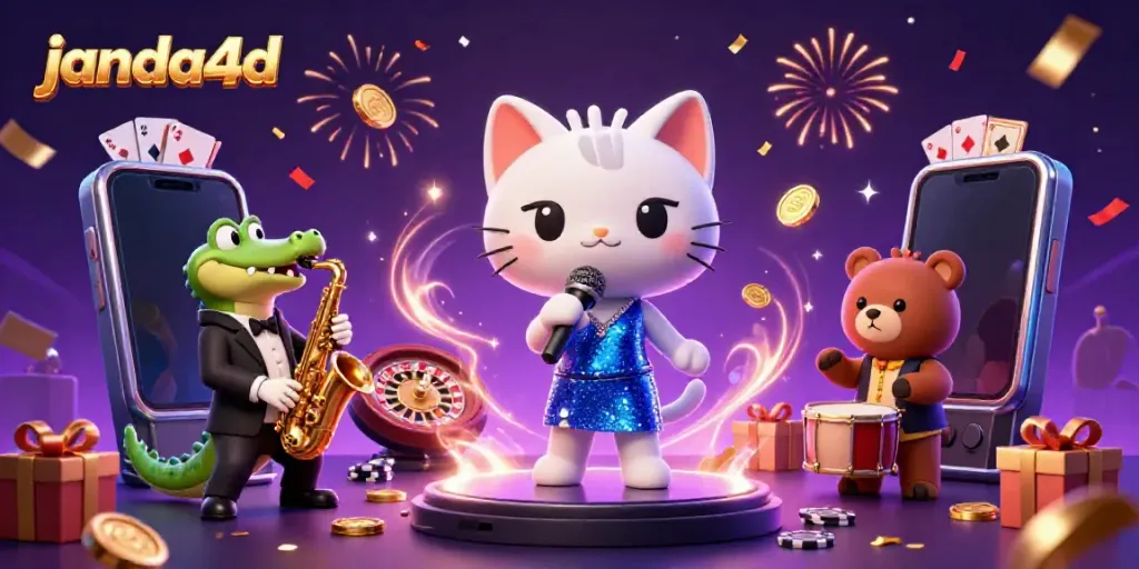 Slot online janda4d di ilustrasi kasino 3D yang meriah dan penuh warna.