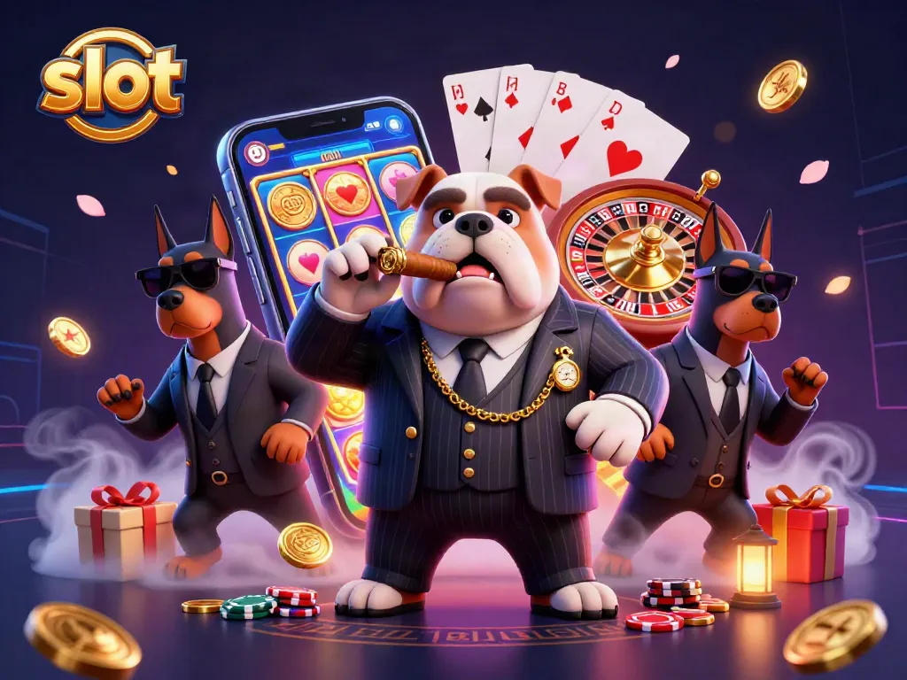 Spin the slot reels with a mafia boss bulldog and his Doberman bodyguards in a vibrant casino setting.