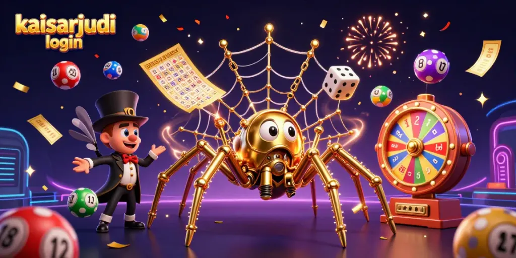 Engage with kaisarjudi login through a vibrant and chaotic 3D casino-themed digital illustration.