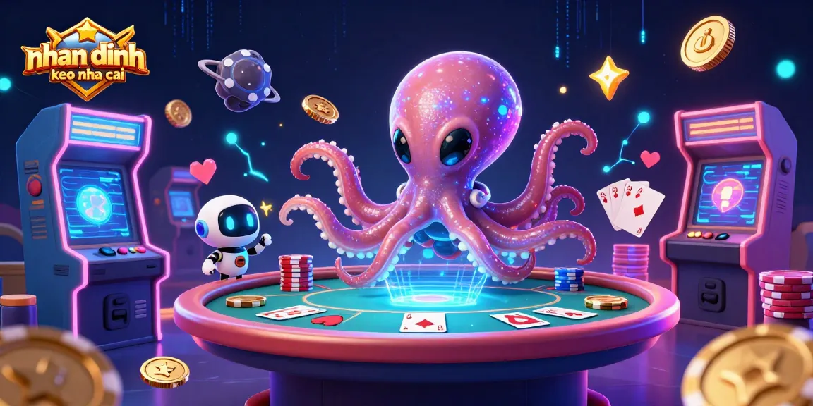 Engage with nhan dinh keo nha cai as the alien octopus plays poker amidst vibrant gaming elements.