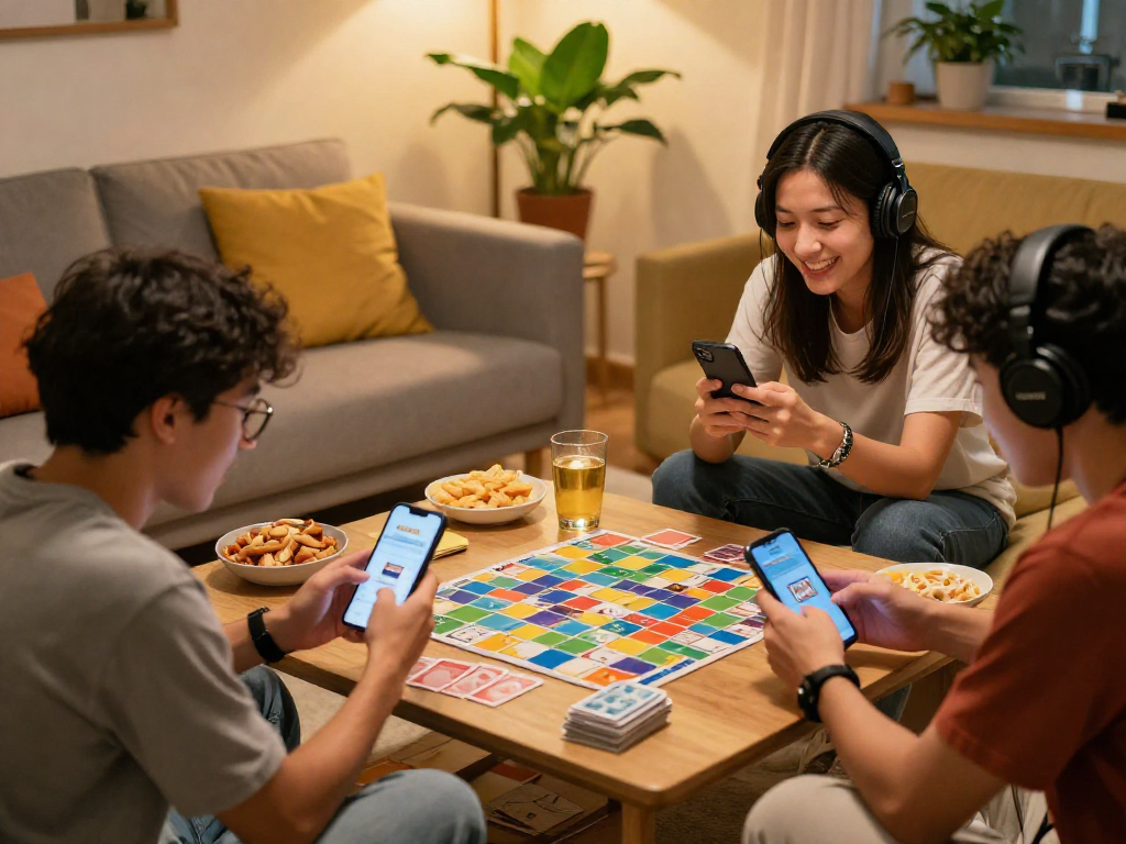 Players enjoying Rumble Rummy on mobile devices in a cozy living room setting, showcasing skill-based gaming and social interaction.