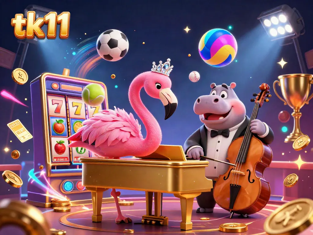 Experience the joy of playing tk11 with vibrant 3D casino elements and characters in a stunning digital illustration.