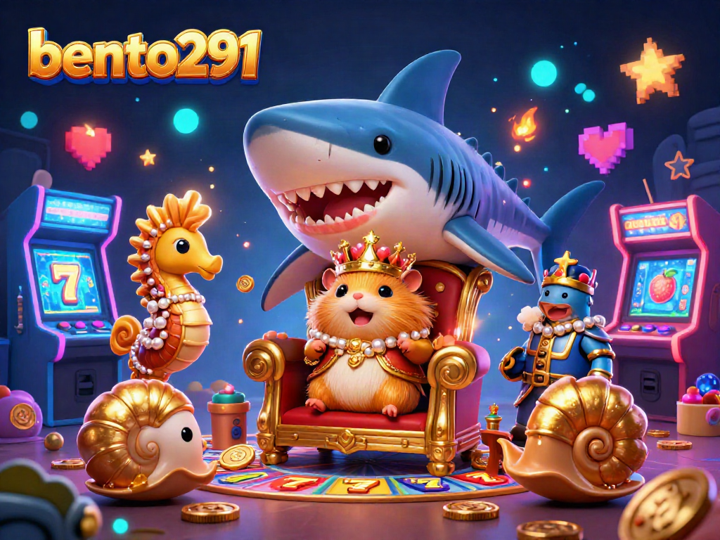 bento291 slots scene featuring a golden hamster king on megalodon throne, surrounded by colorful game elements.