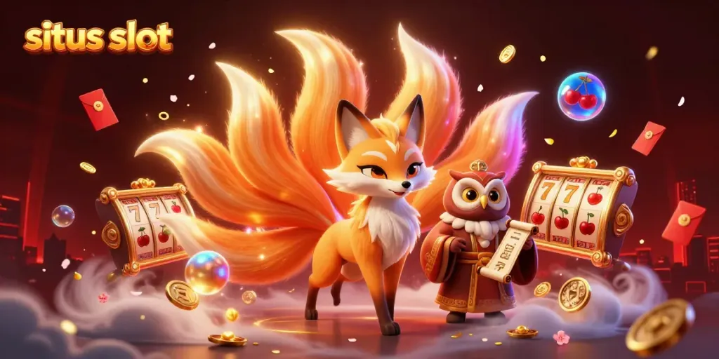 Menghadirkan situs slot dengan fox sembilan ekor dan ilmu bijak burung hantu bersaing dalam suasana yang terang dan penuh warna.