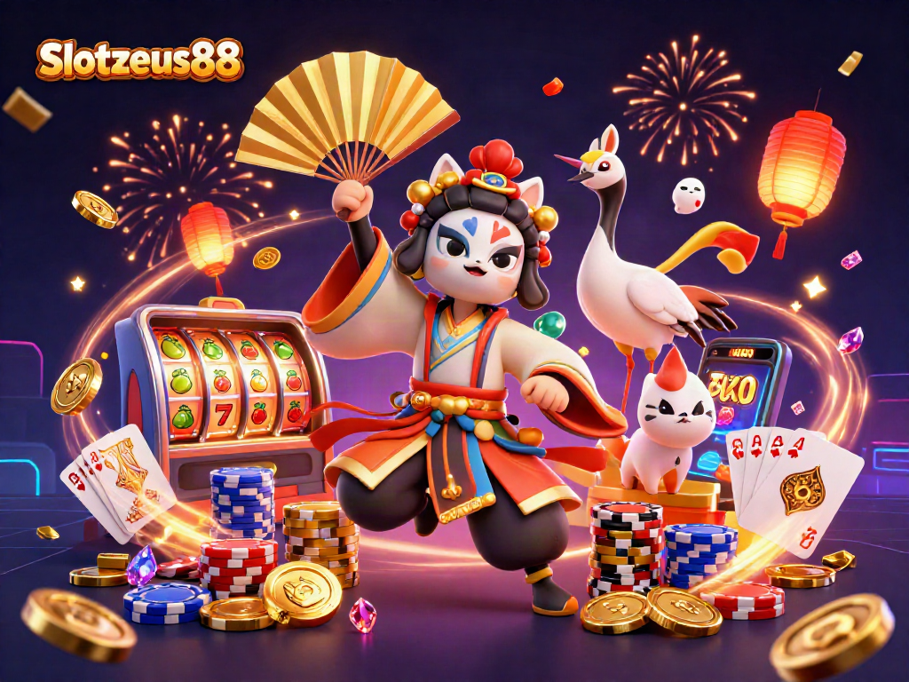 Experience the thrill of Slotzeus88 with a spirited kabuki warrior and dynamic casino elements.