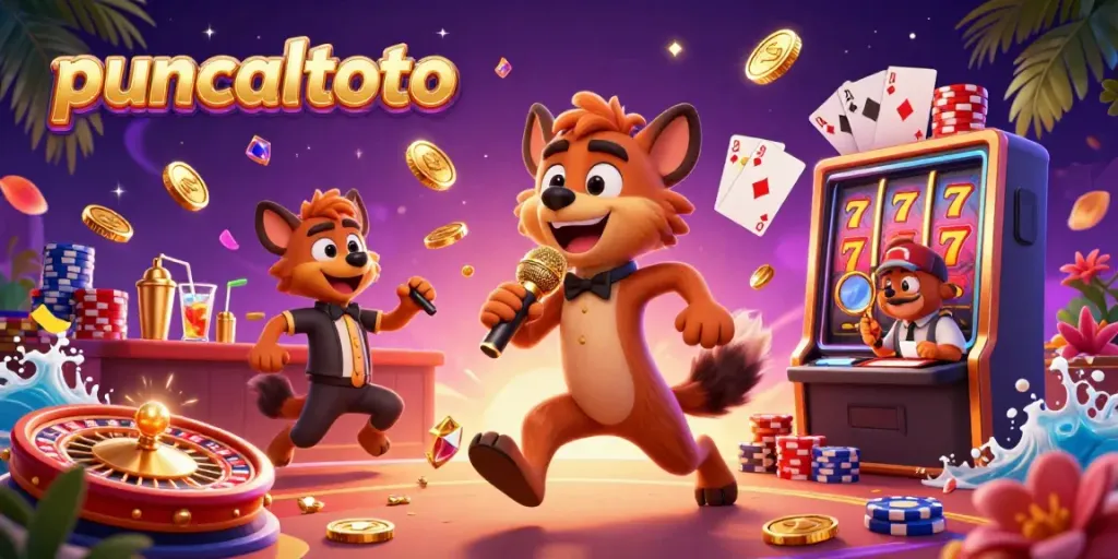 Puncaktoto menampilkan kasino bergaya komedi dengan hyena sebagai pelawak, bartender, dan pengawal, dikelilingi koin emas dan permata.