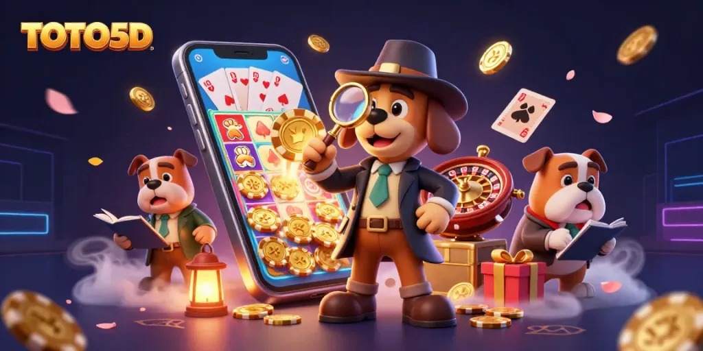 TOTO5D thrilling gameplay scene with a cartoon detective investigating a poker chip clue amidst vibrant casino elements.