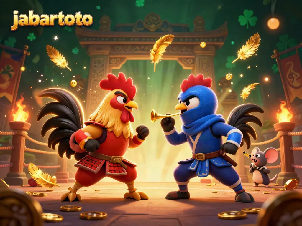 Jabartoto menyajikan pertarungan ayam kartun yang dramatis dengan efek cahaya dan partikel