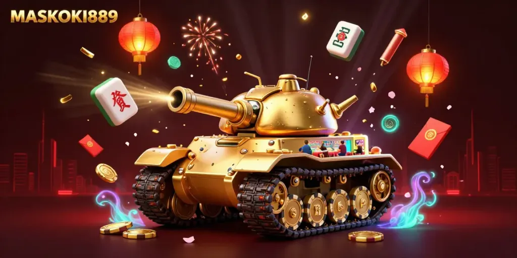 Exciting scene of the MASKOKI889 casino, showcasing a golden beetle tank with a mini casino and confetti cannons.