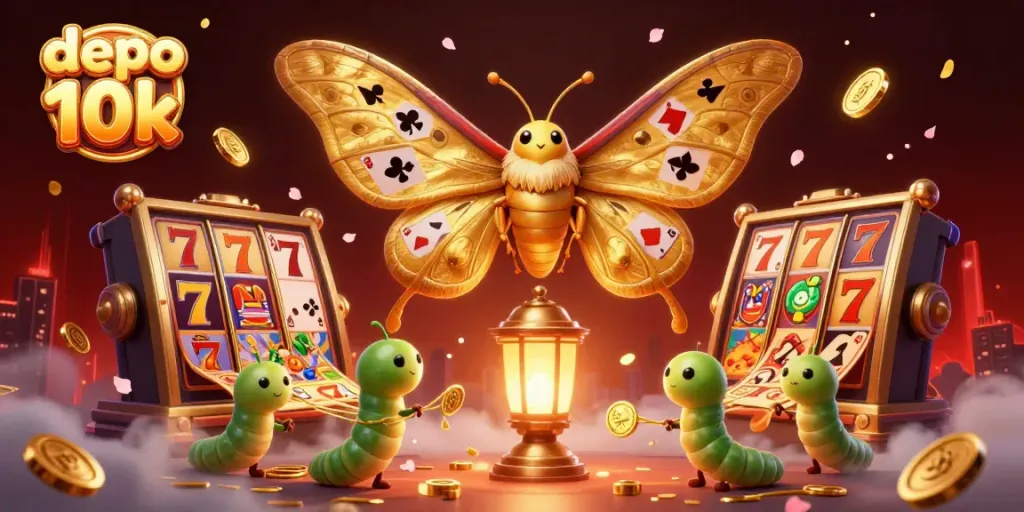 Experience the excitement of depo 10k with a vibrant casino-themed illustration featuring a majestic atlas moth.
