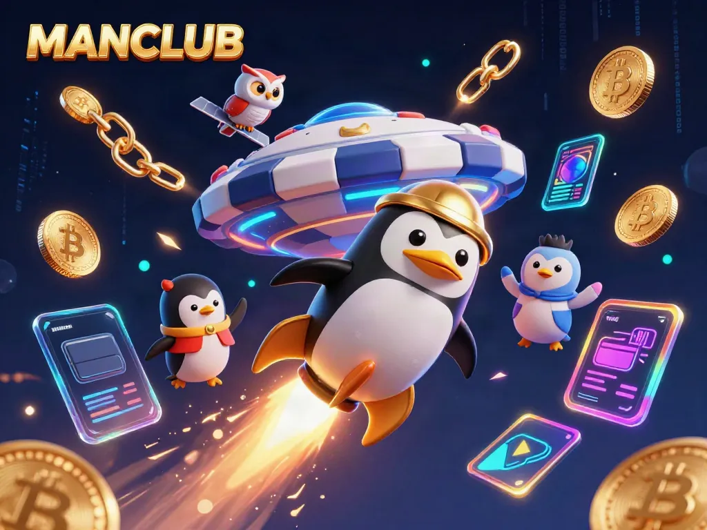 MANCLUB penguin blasts through space headed for a casino chip station, surrounded by digital gaming elements.